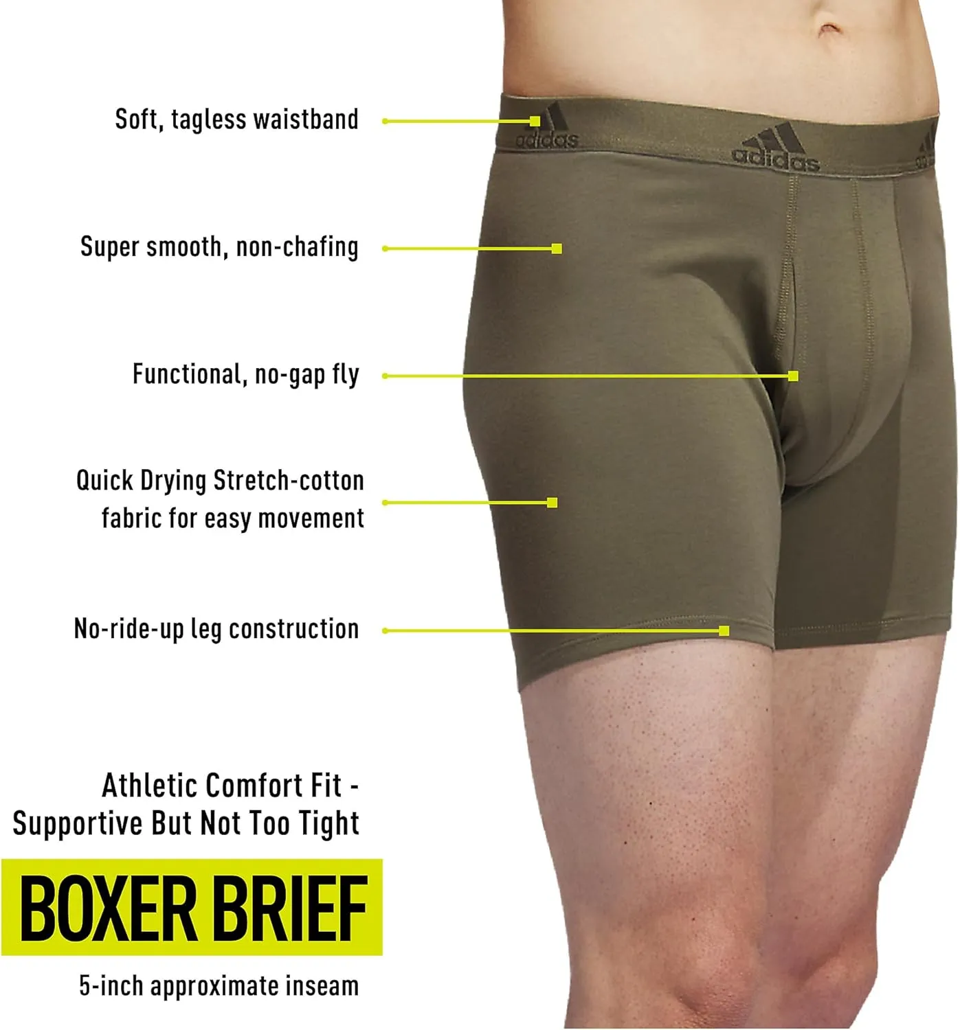 adidas Men's Performance Stretch Cotton Boxer Briefs 3-Pack, Soft Underwear, Superior Comfort