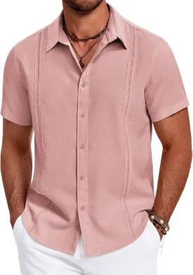 COOFANDY Men's Cuban Guayabera Summer Beach Short Sleeve Casual Vacation Wedding Shirt