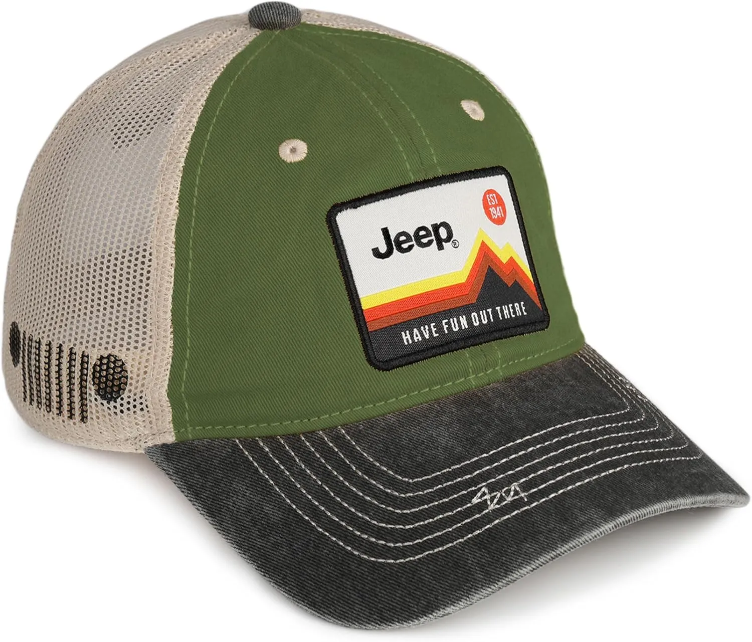 Jeep Have Fun Out There Patch Garment Washed Trucker Hat Unstructured for Men & Women - Adjustable Snapback Baseball Cap