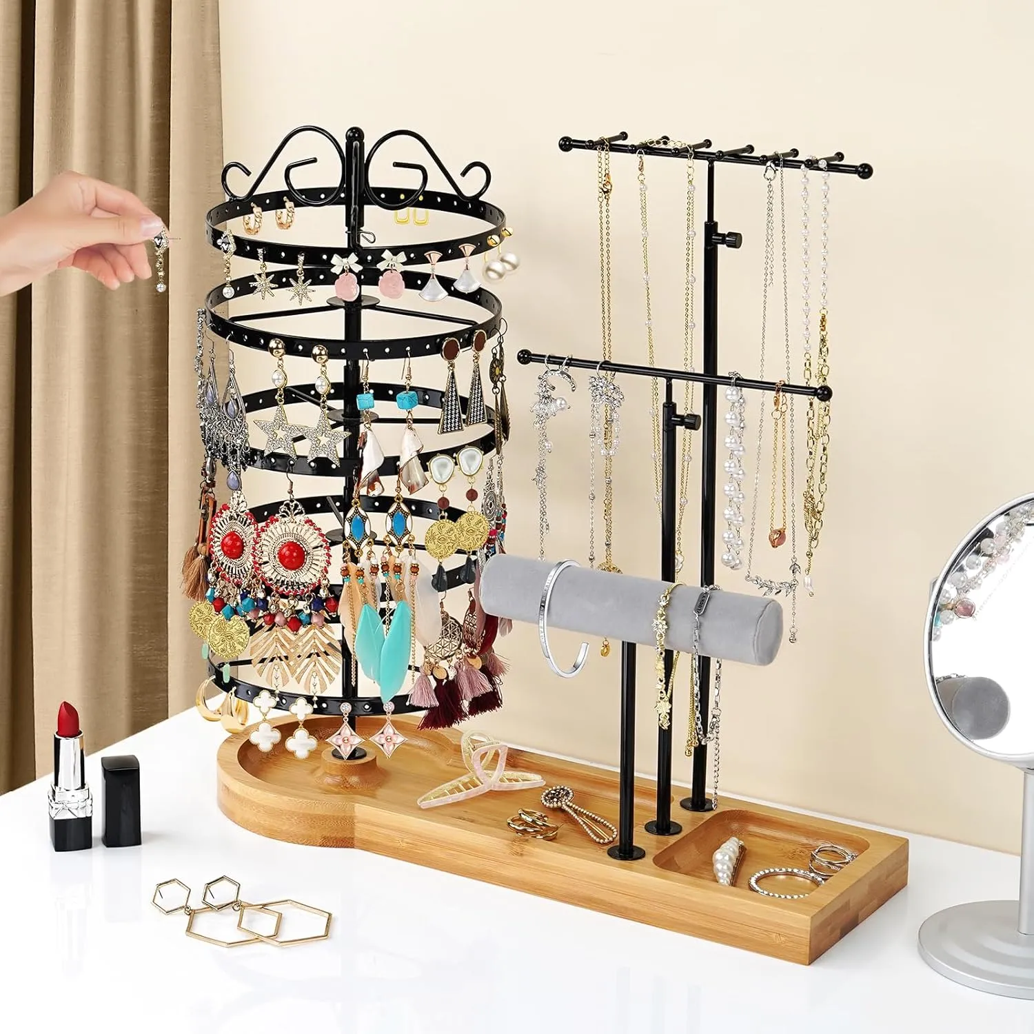 Jewelry Organizer Stand with Bamboo Base, Metal Rotating Earring Holder Organizer, Multi-Functional Adjustable Necklace Holder Rack Bracelet Watch Holder for Jewelry Earrings Ring