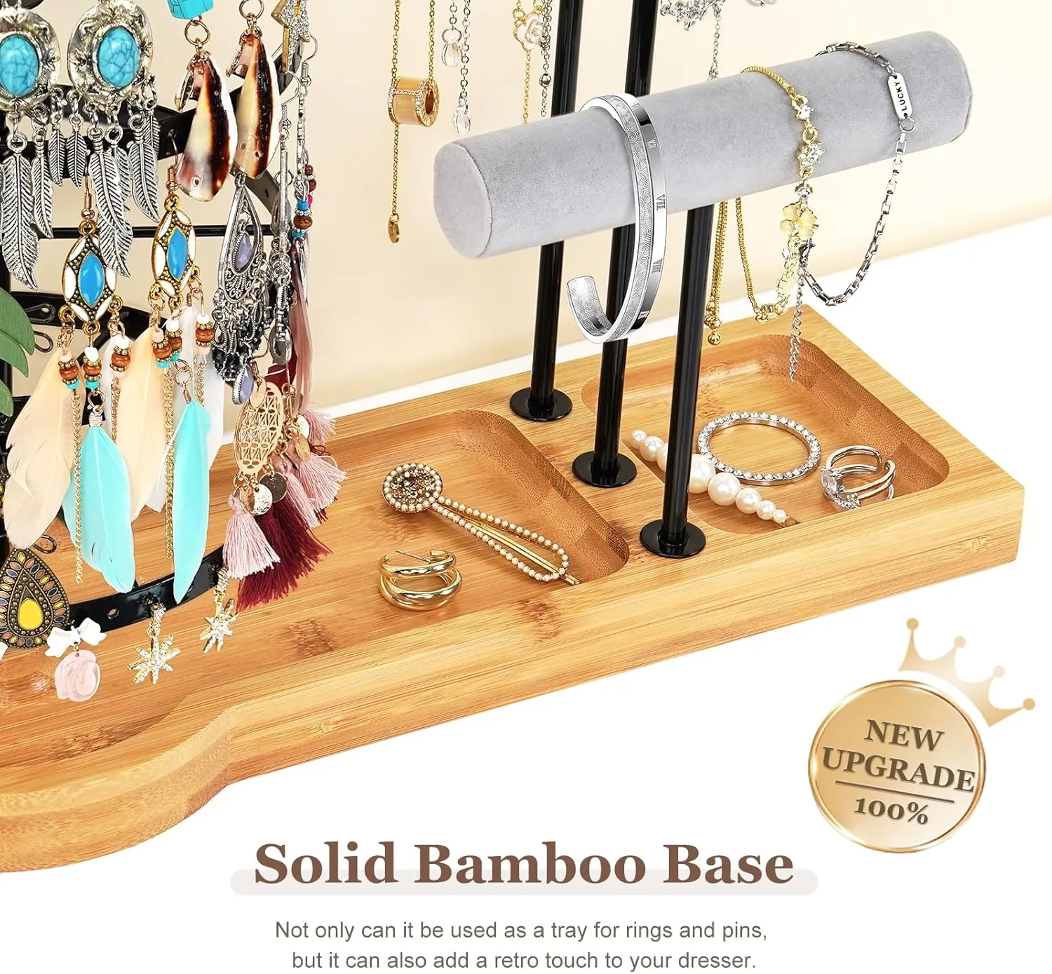 Jewelry Organizer Stand with Bamboo Base, Metal Rotating Earring Holder Organizer, Multi-Functional Adjustable Necklace Holder Rack Bracelet Watch Holder for Jewelry Earrings Ring