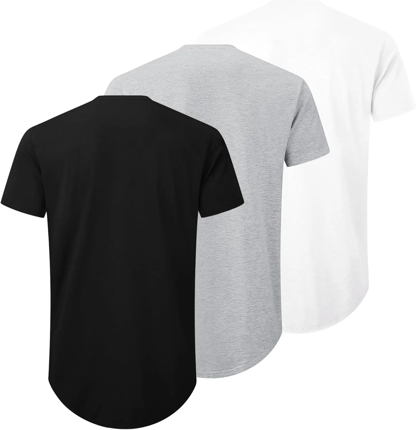 Mens 3 Pack Plain Cotton Shirts Short Sleeve Casual Crew Neck T-Shirts Hipster Hip Hop Longline Tees Drop Cut Curved Hem