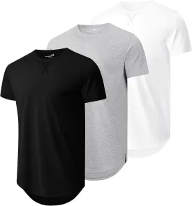 Mens 3 Pack Plain Cotton Shirts Short Sleeve Casual Crew Neck T-Shirts Hipster Hip Hop Longline Tees Drop Cut Curved Hem