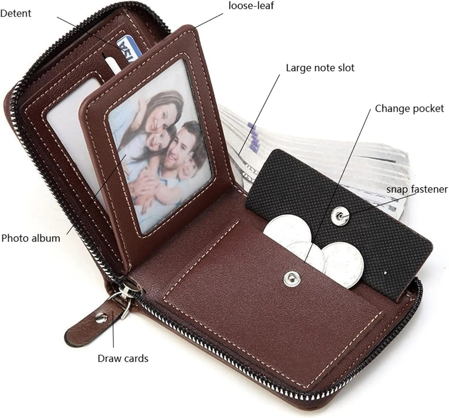 Mens wallet Leather wallet men Wallet Zipper RFID Bifold Wallet for Men ID card Window Credit Card Coin Photo Multifunction Card Slots Gift for Him,Brown