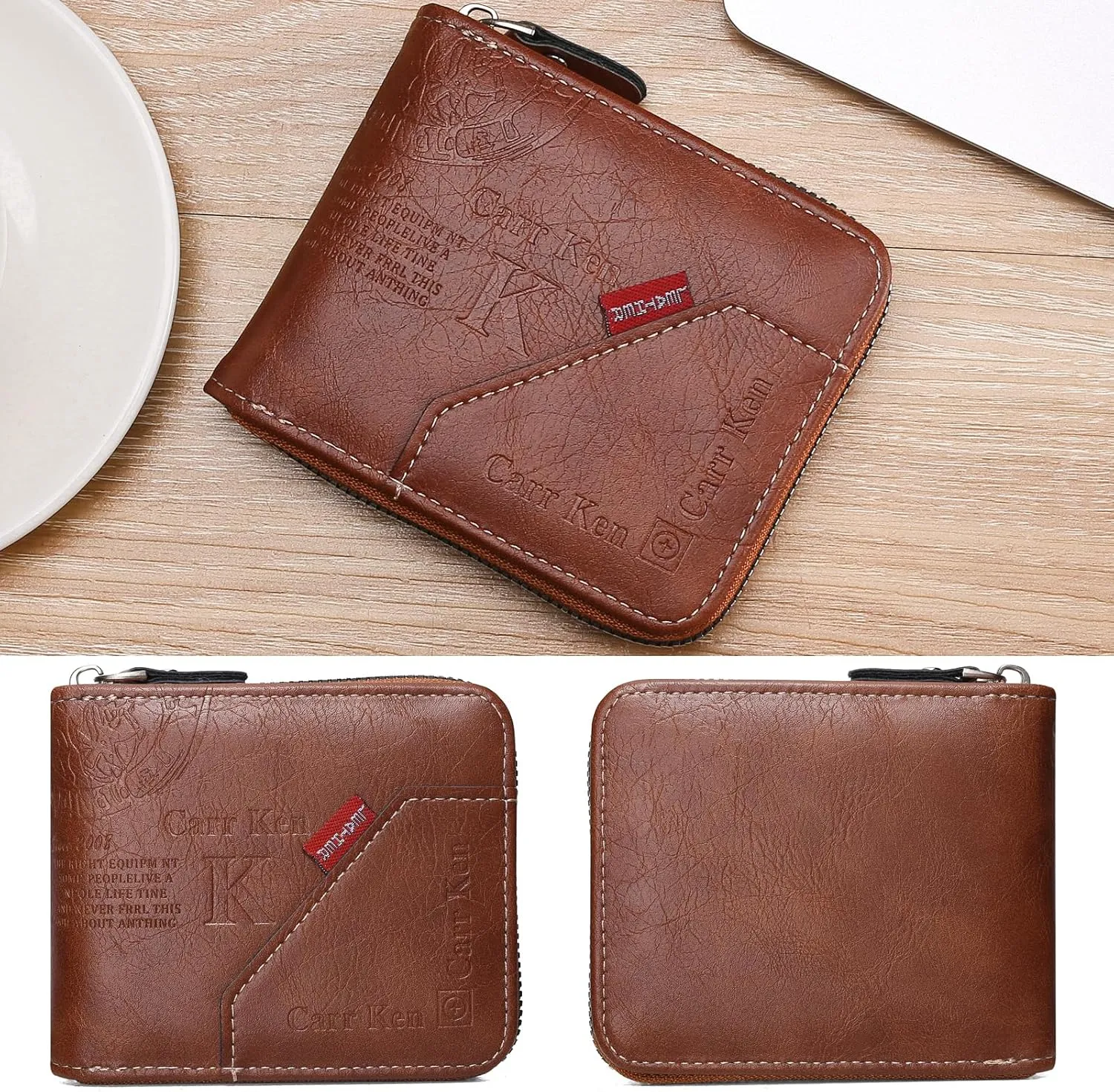 Mens wallet Leather wallet men Wallet Zipper RFID Bifold Wallet for Men ID card Window Credit Card Coin Photo Multifunction Card Slots Gift for Him,Brown