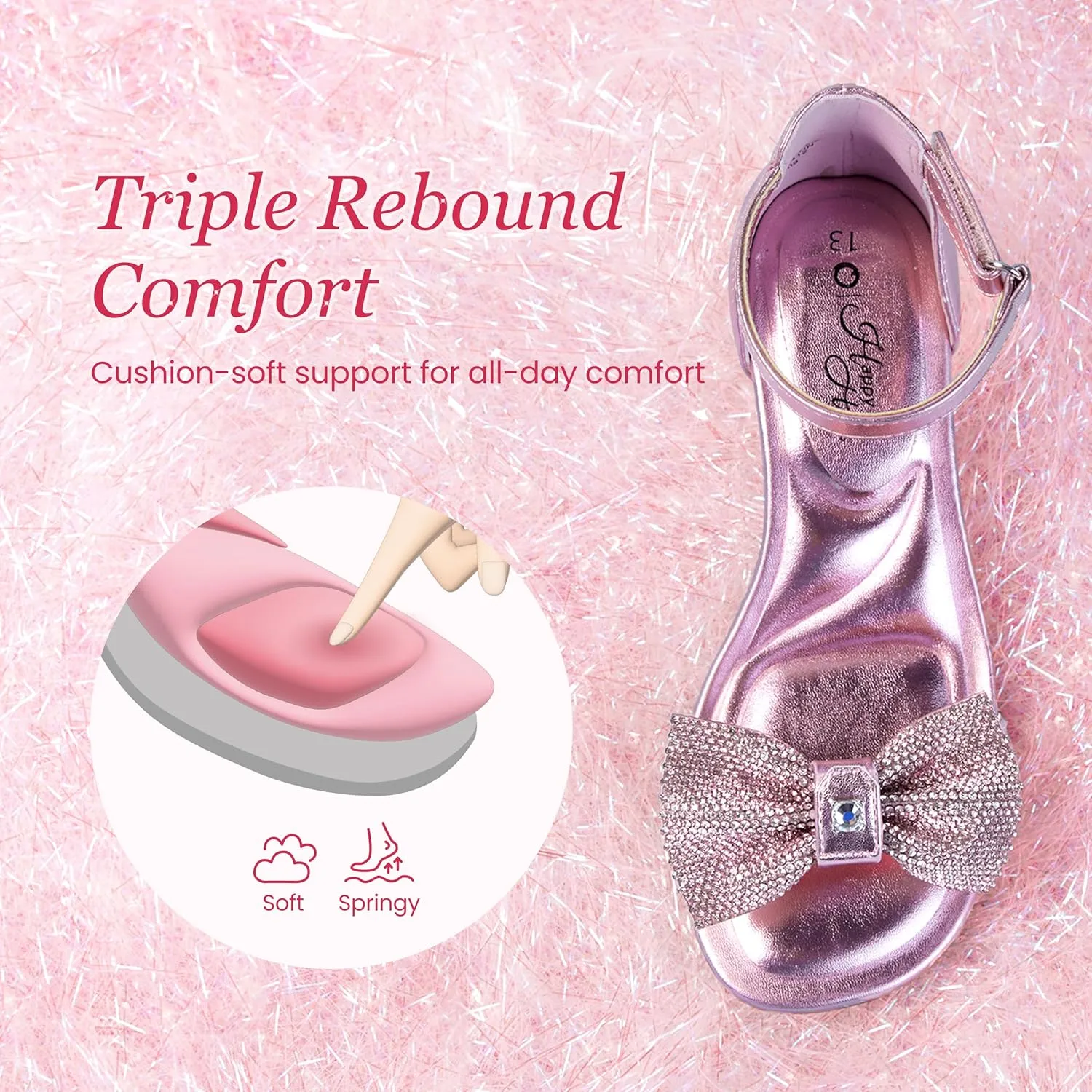 PATPAT Girls Low Heel Sandals with Removable Bow ?C Open Toe Dress Shoes for Flower Girl Wedding Party, Ankle Strap Princess Shoes for Little Big Kids, Sizes 11-6