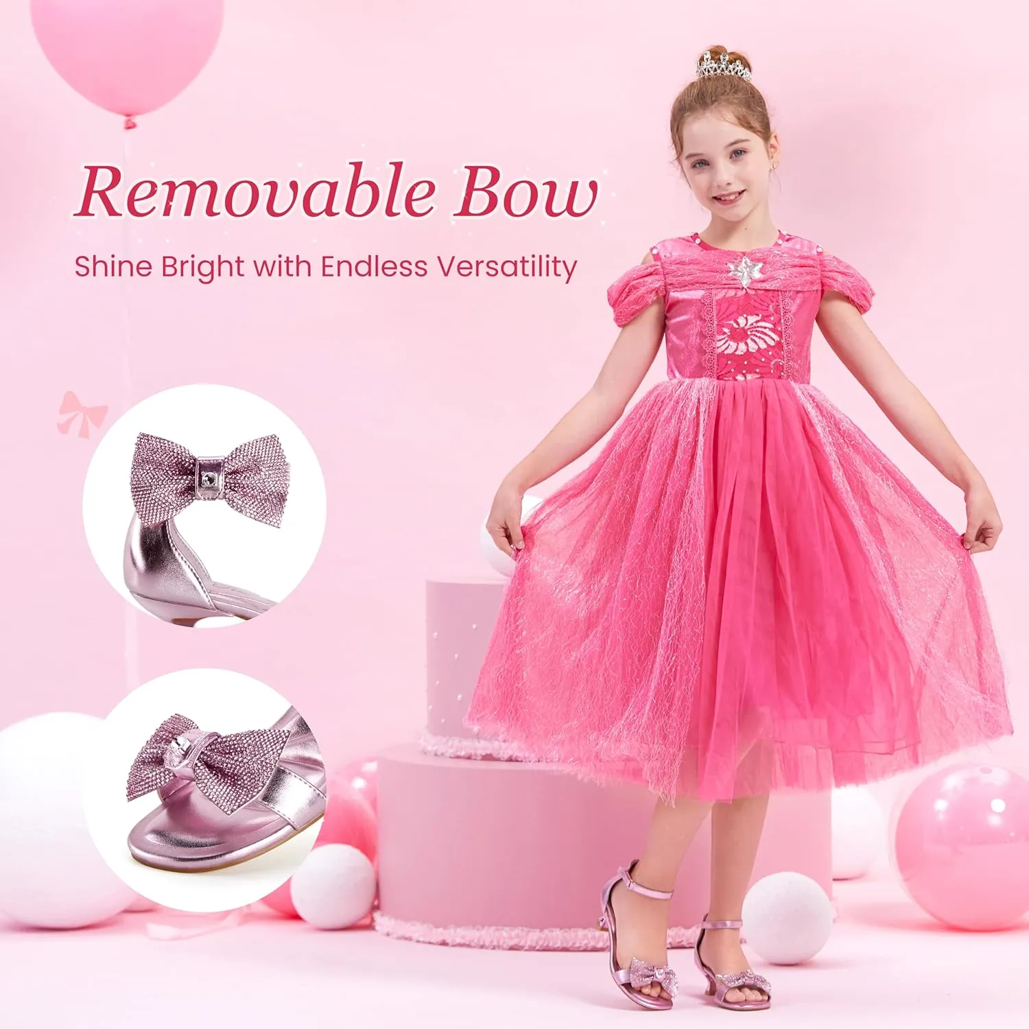 PATPAT Girls Low Heel Sandals with Removable Bow ?C Open Toe Dress Shoes for Flower Girl Wedding Party, Ankle Strap Princess Shoes for Little Big Kids, Sizes 11-6