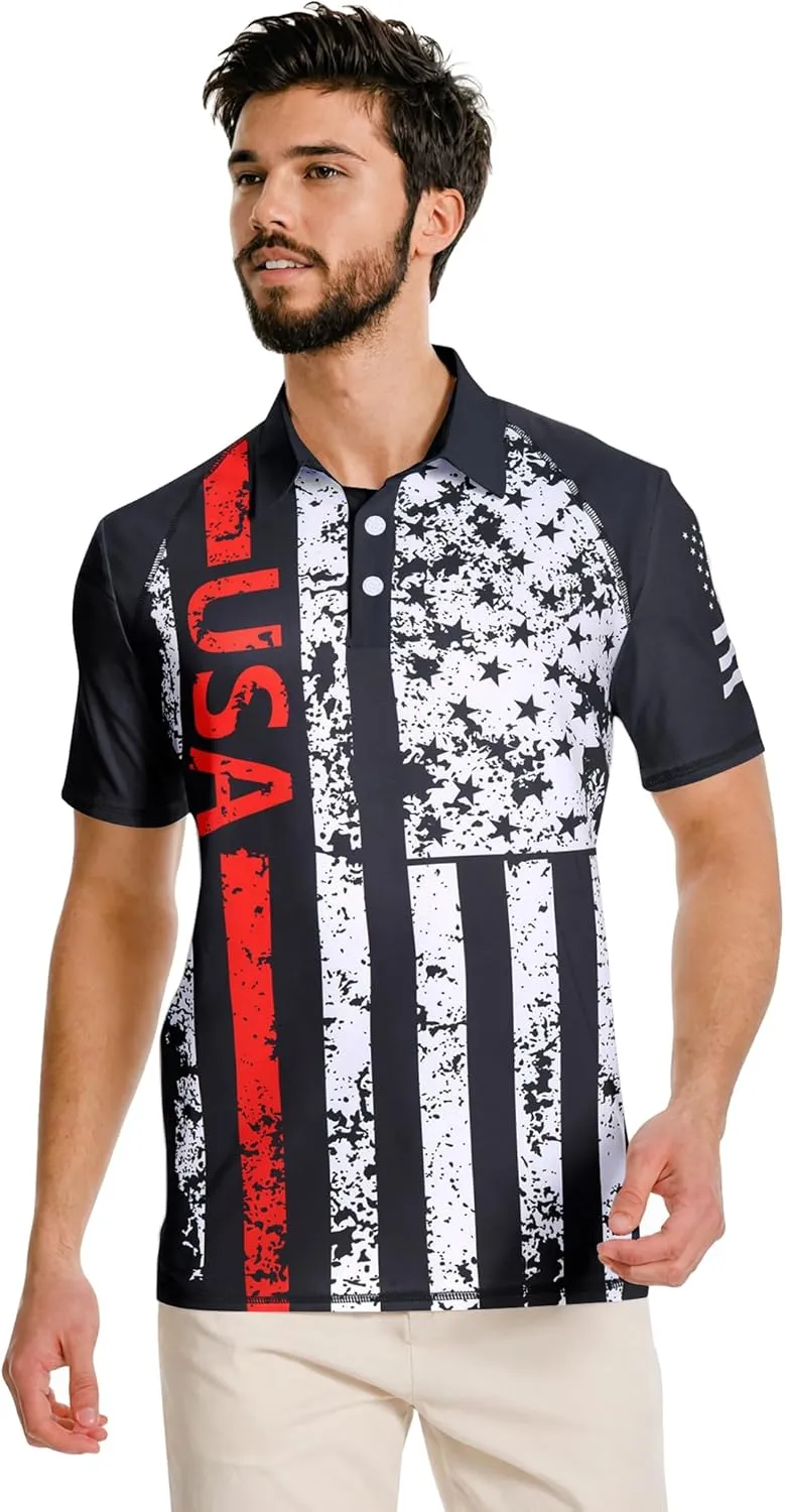 RAISEVERN Mens American Flag Print Golf Polo Shirt Patriotic Raglan Sleeve Tees
